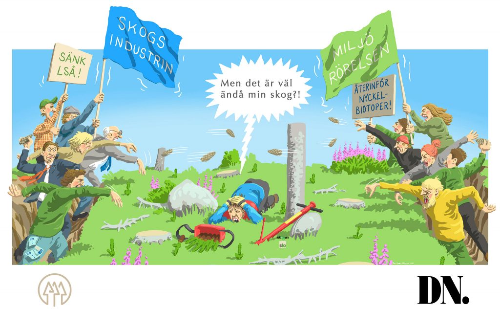 Slaget om skogen, klicka för att förstora bilden Illustration över Slaget om skogen ur ett medieperspektiv.