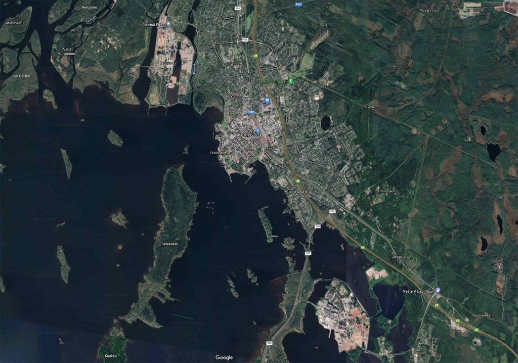 Slow-TV fortsätter — följ med megabygget av Metsä massabruk i Kemi 5 Google Maps som visar Kemi i norra Finland samt Metsä och Stora Ensos skogsindustrier