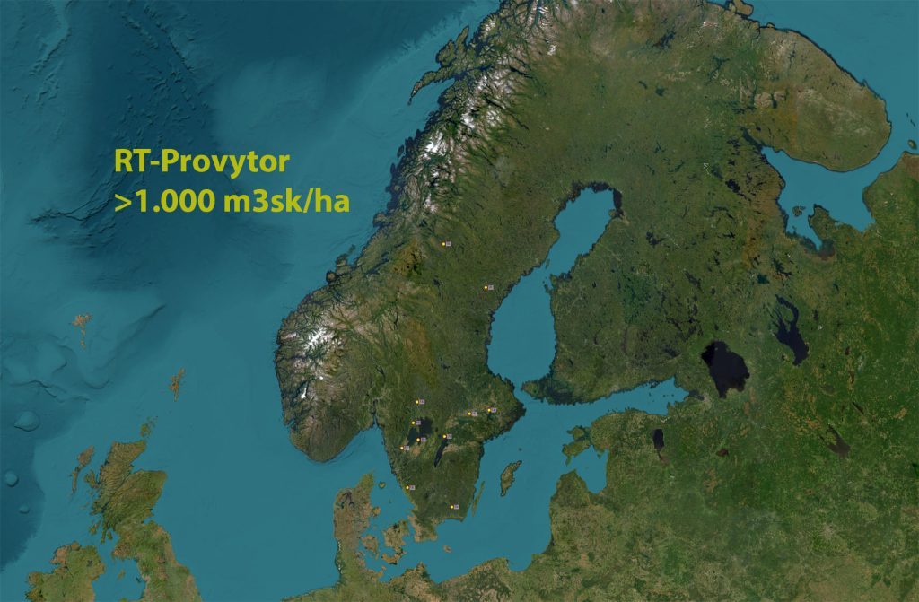Scener ur en Riksskogstaxering - monstret i Gäddede 6 Karta som visar provytor från Riksskogstaxeringen med volym över 1000 m3sk/ha