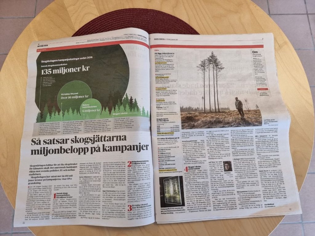 Svensk skogsindustri: leverantör i någon annans affär sedan 1874? 9 Dagens Nyheter i pappersform, heluppslag om skogsindustrin lobbysatsning.