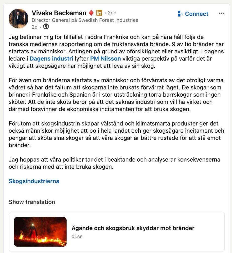 Chapeau, Skogsindustrierna 6 Skogsindustriernas vd och inlägget i sociala medier